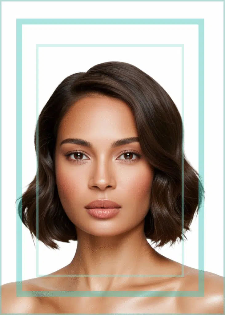 Makeup artistry glam makeup package beautiful woman with short bob hair style and soft glam makeup on white isolated background with blue decorative boarder