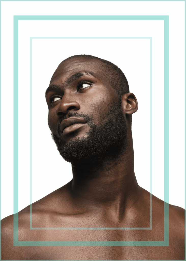 Men's Grooming portrait of handsome African man's profile on white isolated background with light blue decorative border