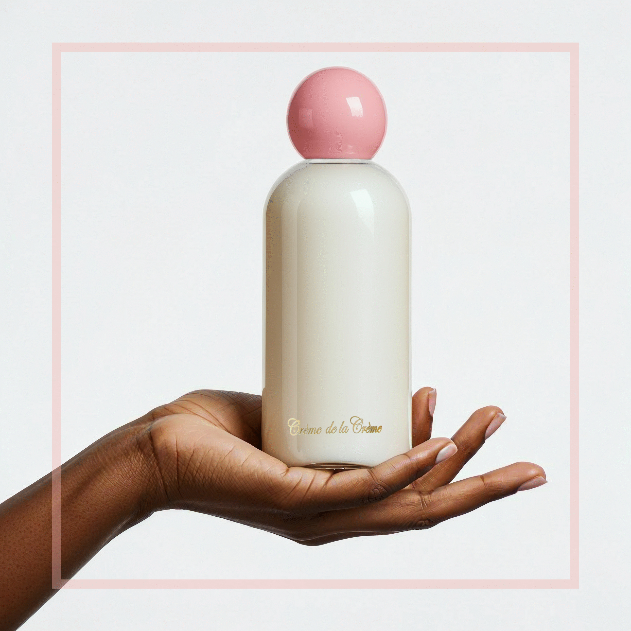 Transepidermal water loss, beautiful model holding bottle of Crème Fraîche body lotion on pink satins draped background