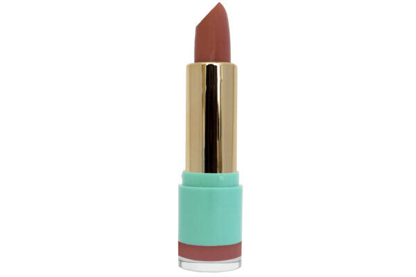 Cantaloupe Crème Lipstick, open lipstick with gold case in blue container on white isolated background
