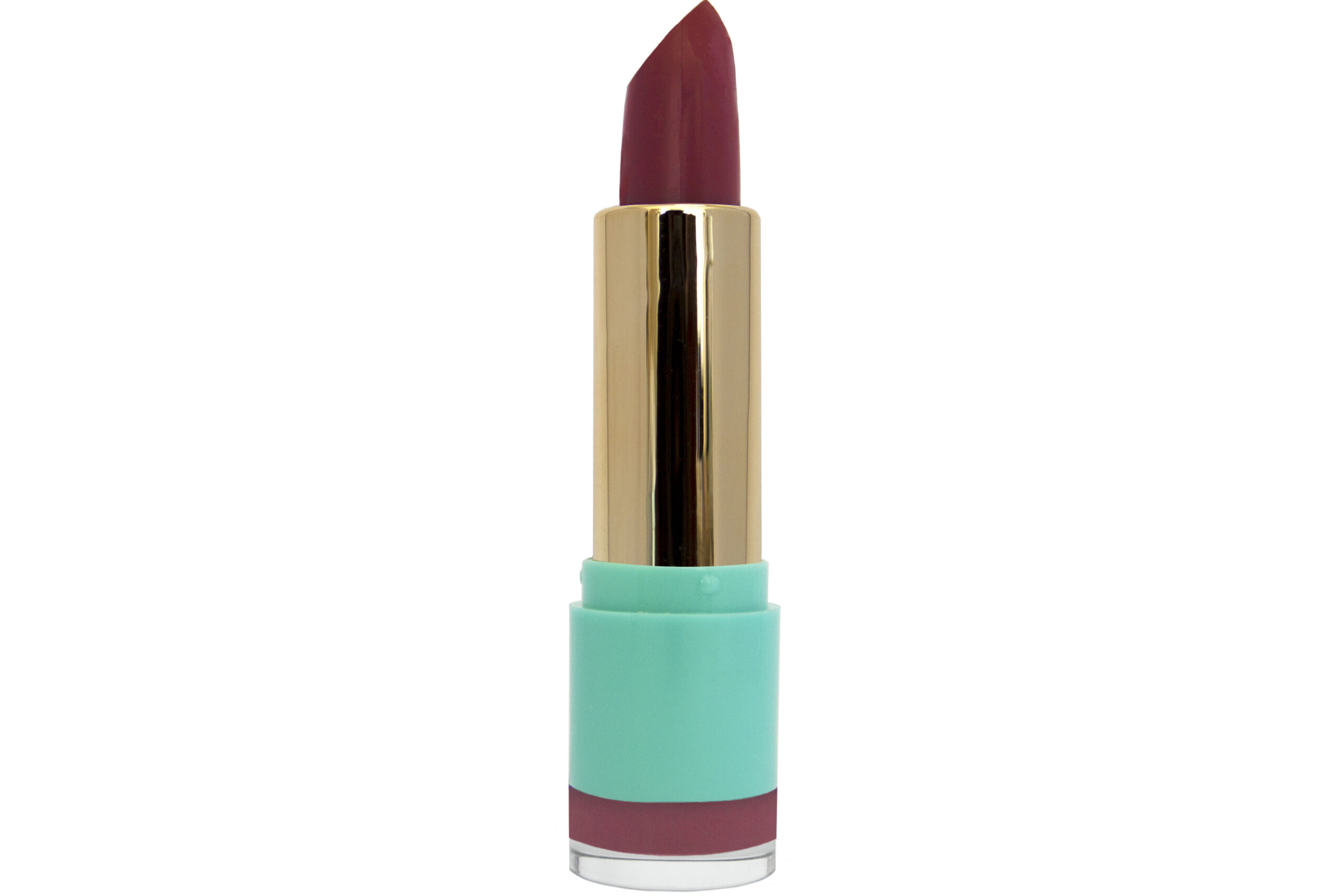 Sangria Crème Lipstick, satin creamy lipstick in gold and blue lipstick container on white isolated background
